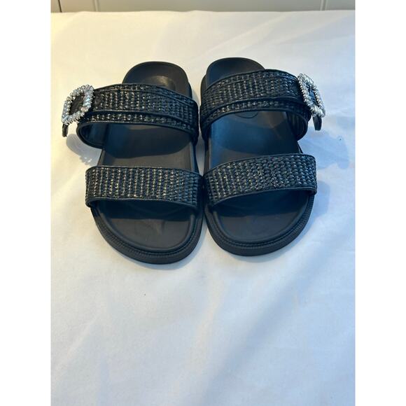 Steve Madden Orson Crystal Buckle Black Raffia Slide Sandal Size 8 NWOT - Picture 2 of 8